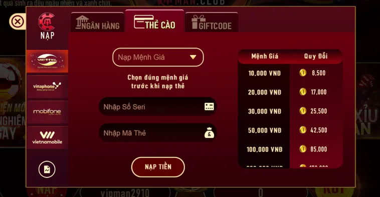 Nạp Tiền Băng Thẻ Cào Tại ManClub Với Đa Dạng Phương Thức Thanh Toán Giúp Bạn Khởi Nghiệp Siêu Tốc